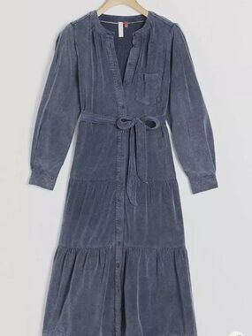 Anthropologie Slate Blue corduroy Button-Front Midi Dress by Pilcro